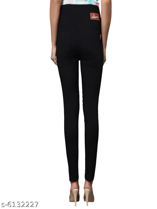 Solid black denim skinny fit stretchable high waist elastic jeggings for women - India