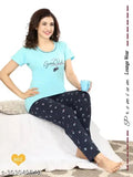 Sky Blue cotton nightsuit set: women's sleepwear with printed half-sleeve top and pyjama pants, machine washable