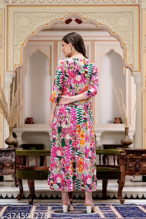 Rayon printed multi-boota-kurta, three-quarter sleeve Indian traditional outfit. S (36in), M (38in), L (40in), XL (42in), XXL (44in), XXXL