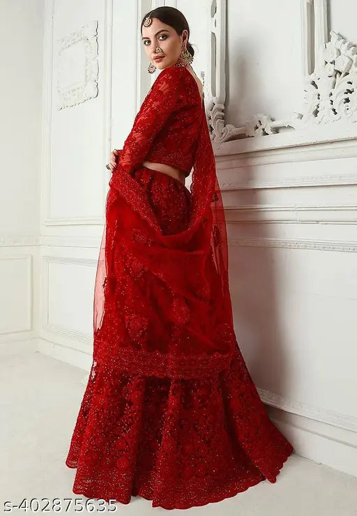 Peach embroidered semi-stitched net Lahenga Choli and dupatta set from India