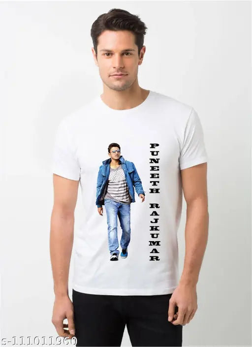 Cotton blend t-shirt with Puneeth Rajkumar print, short sleeves, available in M, L, XL, XXL. Indian fashion apparel on model