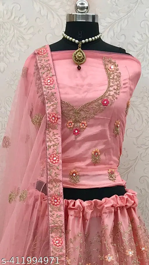 Embroidered net lehenga choli and dupatta set, free size Indian bridal wear