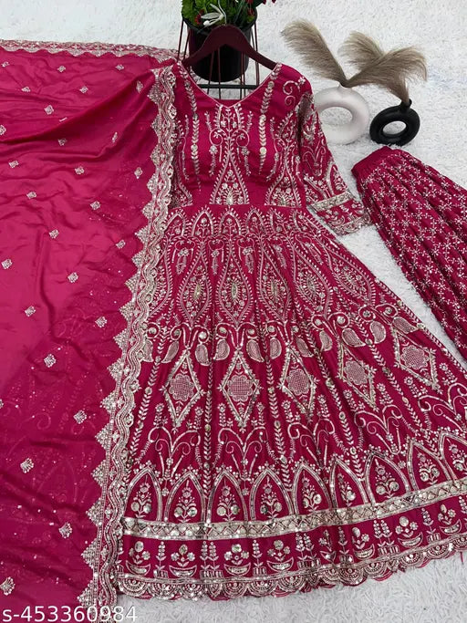 Designer chiffon party gown with sharara collection, heavy silk embroidery and matching dupatta, XL size for Indian occasions