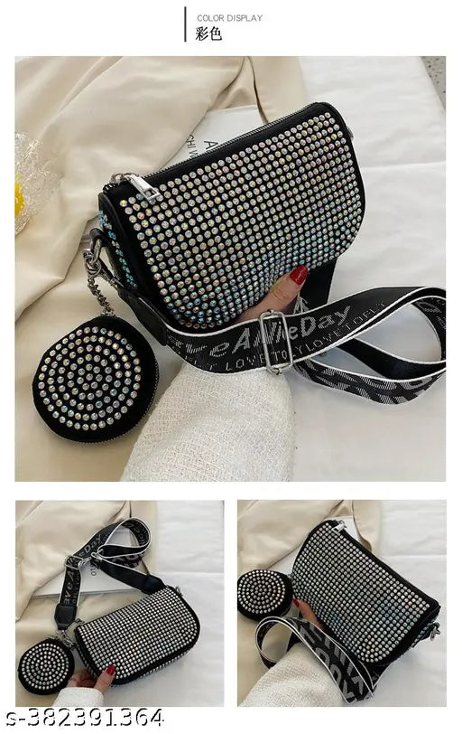 Rhinestone-Embellished Crossbody Sling Bag with Coin Pouch for Party Essentials, Fabric Material, India Origin