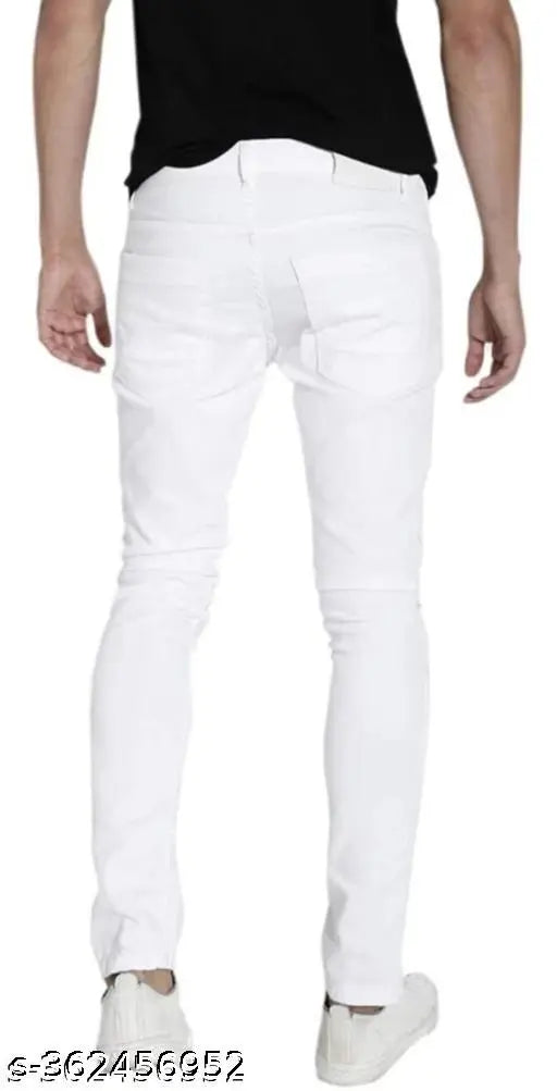 Men's cotton blend plain white jeans, solid pattern, sizes available from 28-36 inches