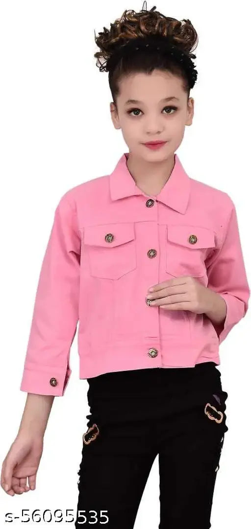 Pink nylon three-quarter sleeve jacket for kids, solid pattern from 1KID COLOR JACKET - PINK, denim trendz for kid sizes 3-4 years, 4-5 years, 5-6 years, 6-7 years, and 7-8 years. Made in India