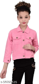Pink nylon three-quarter sleeve jacket for kids, solid design, denim trendz for kid sizes 3-4 years, India origin