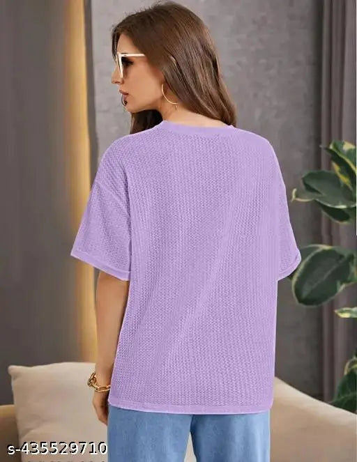 Cotton blend oversized lavender top for women, printed with contemporary geometric patterns, perfect for casual outfits