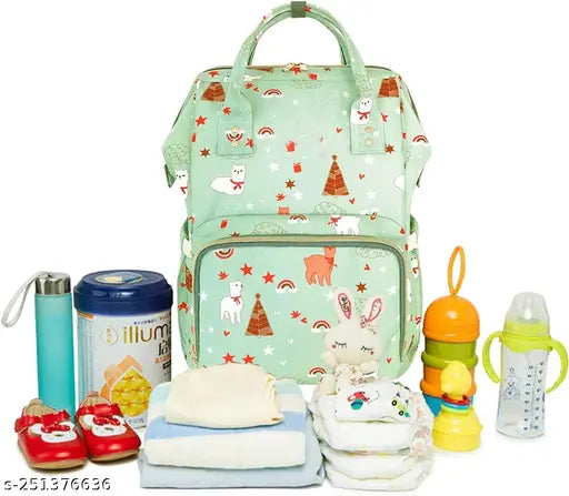 Beige polyester diaper bag for mom & baby travel - quick tissue and warm bottle pockets, easy access back zipper, 21 liters, 9 pockets. Stylish and durable water-resistant design for traveling with baby essentials