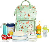 Beige polyester diaper bag for mom & baby travel - quick tissue and warm bottle pockets, easy access back zipper, 21 liters, 9 pockets. Stylish and durable water-resistant design for traveling with baby essentials