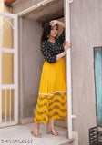 Yellow rayon calf length printed kurti with round neck and 3/4 sleeves for women, paired with matching dupatta set