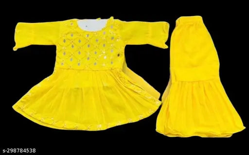 Amina chiffon A-line kurti plazo set for baby girls, embellished and trendy Indian fashion