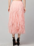 Trendy net flared long frill skirt, solid pattern, calf length, Shantoon lining, India-made women's fashion accessory