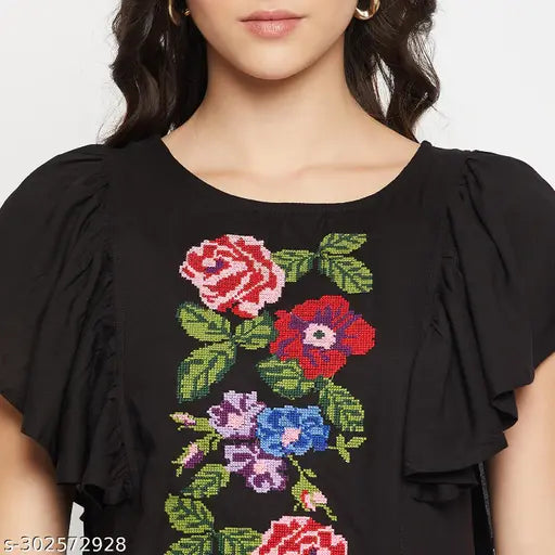 Black embroidered rayon top with printed pattern, short sleeves for women, size S-XXXL, made in India