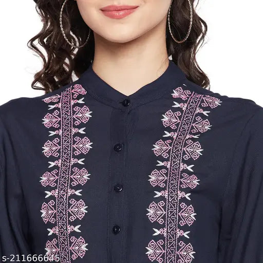 Navy blue rayon embroidered tunic with long sleeves, intricate patterns. Handcrafted Indian women's fashion wear (S-XXL)