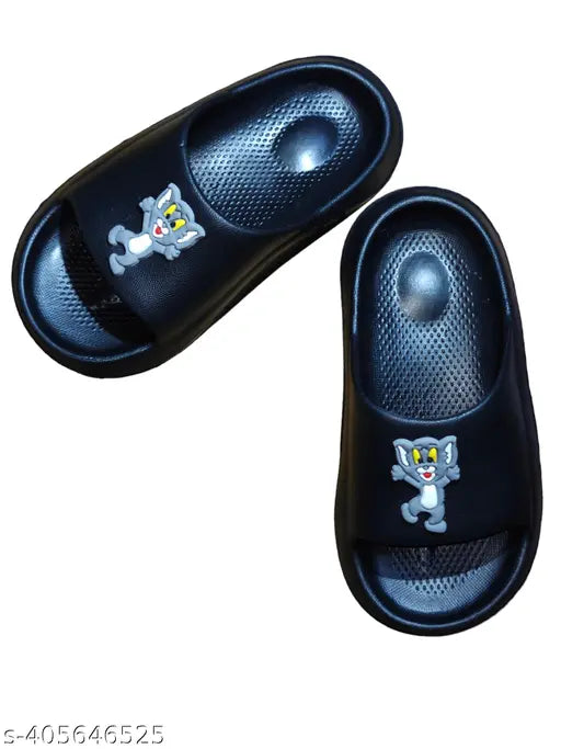 Black color kids flip flops - Tom & Jerry cartoon pattern, Pu sole, promoting healthy foot development for boys and girls