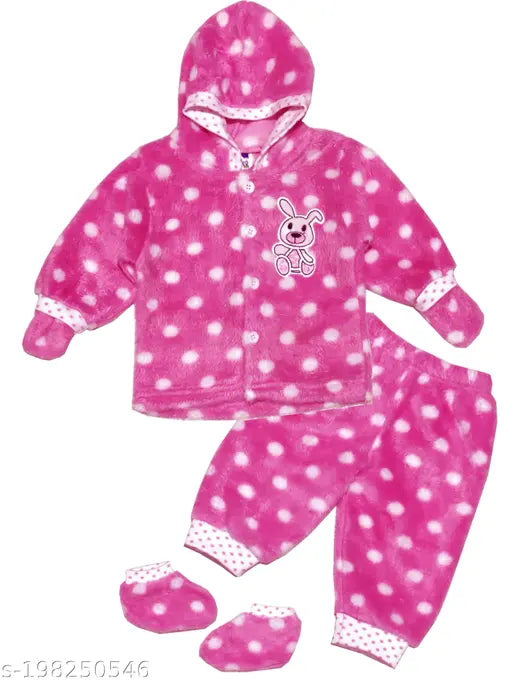 Soft wool winter wear set for baby boys & girls: printed hooded top, bottoms, and mittens