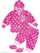 Soft wool winter wear set for baby boys & girls: printed hooded top, bottoms, and mittens