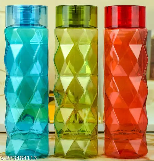 Multicolor triangle-shape design school/office collage fridge water bottle set of 3 (1000ml, PET) with leak-proof feature