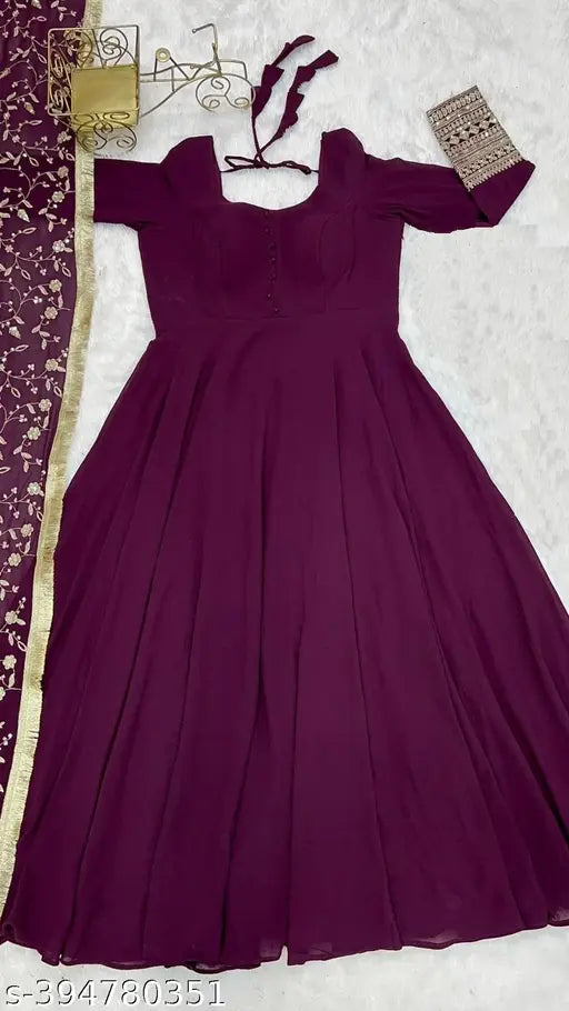 Faux georgette wine Anarkali 2-piece dress with embroidered dupatta, no bottom wear for women
