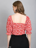 Red printed puff-sleeve square neck crop top, short sleeves on woman, polyester fabric