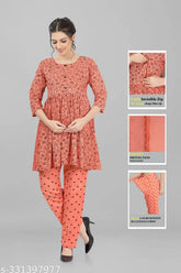 Rayon maternity night suit (top & bottom), solid color with printed net pattern, comfortable and smart fit for feeding body, handsfree design, made in India