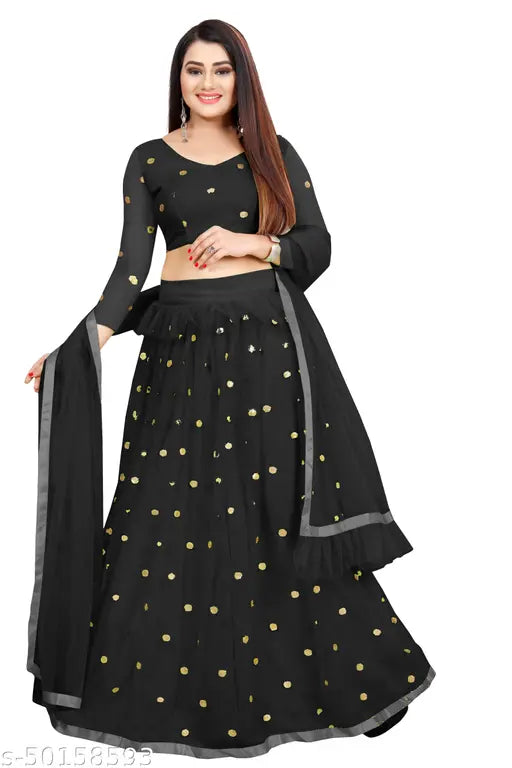 Embellished satin lehenga set in free size with net choli and dupatta, Indian fashion for women