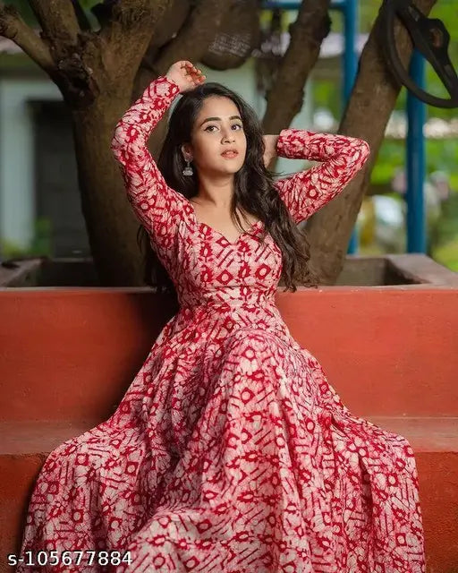 Ikkat printed Georgette gown-style Kurti, long sleeves, digital printed heavy American crêpe full lining, exclusive designer one piece. Sizes: S-6XL (various bust sizes and lengths). Indian handcrafted fashionwear