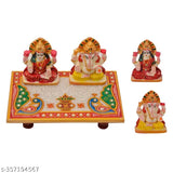 Multicolor marble Ganesh Laxmi Idol showpiece with chowki set, perfect for Diwali gifting