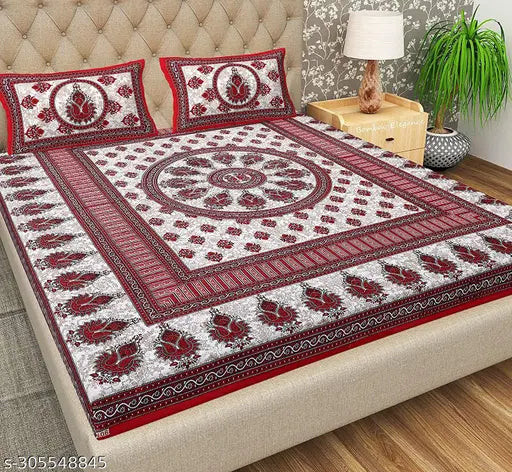 Qfab Saganeri pure cotton bedsheet with 2 pillow covers, ethnic motifs on double queen bed, made by DIGITRENDZZ for AC room use