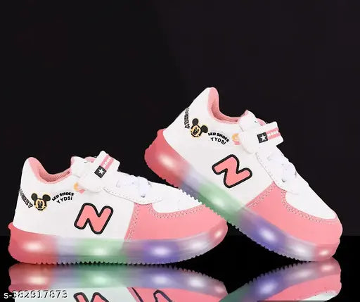 Breathable pink white synthetic LED light shoes for kids, ideal for parties, embellished net design, velcro fastening, comfortable insole