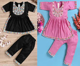 Black & Pink Embroidered A-line Kurta Set for Kids (0-6 Months - 4-5 Years), Indian made trendy combo girl's dresses and pyjamas with knee-length tops and three-quarter sleeves