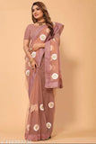 Elegant floral embroidered net saree with unstitched blouse piece, perfect for parties or weddings. Indian designer saree in free size