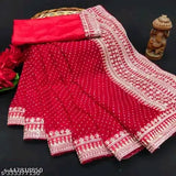 Red Georgette saree with embroidery work for women, striped running blouse in Bangalori silk