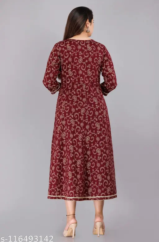 Rayon printed kurtis with sequins, three-quarter sleeves, wine color, anarkali style for women - Indian fashion