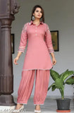 Rayon Jivika Sensational Women's Kurta Set with Patiala bottomwear, three-quarter sleeves, solid pattern. M (Bust 38in, Shoulder 14.5in), L (Bust 40in, Shoulder 15in), XL (Bust 42in, Shoulder 15.5in), XXL (Bust 44in). Indian-made clothing set on display