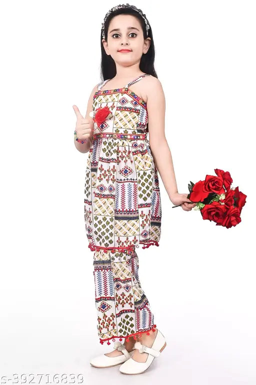 White cotton blend colorblocked Rajasthani printed top with palazzo, traditional Indian dress for girls aged 1-7 years