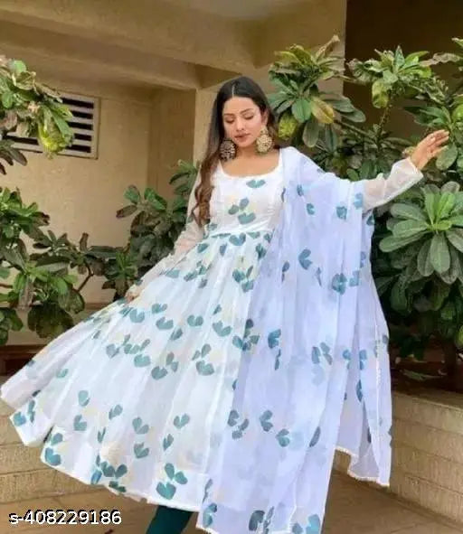 Heavy Georgette digital floral print gown with dupatta, long-sleeved, Indian handmade maxi dress
