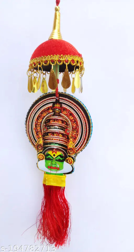 Kathakali faces and umbrella artwork handcrafted nettipattam car hanging, Indian art form enhances vehicle beauty
