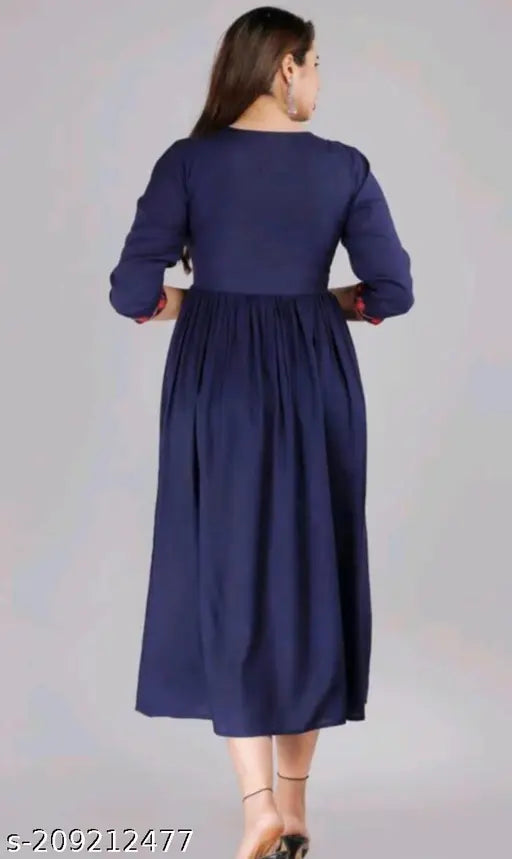 Navy Blue Rayon Embroidered Anarkali Kurti for Women/Girls - Classic, Trendy outfit perfect for weddings & occasions, made in India (S: 36in bust, 50in size length)