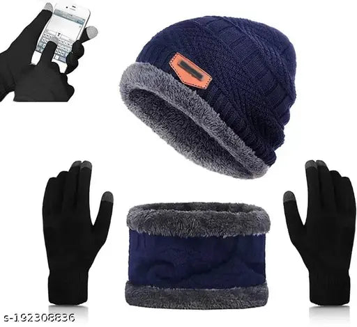 Black woolen beanie set with touch-screen gloves and sunglasses for men and women on display