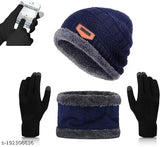 Black woolen beanie set with touch-screen gloves and sunglasses for men and women on display