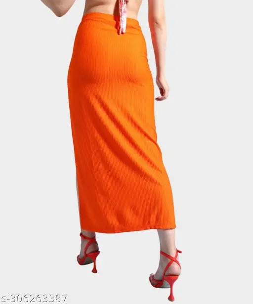 Orange solid A-line polyester skirt for women by POPWINGS, perfect for formal occasions or parties. Maxi length with long slit and crop top style, available in sizes 26, 28, 30, 32, 34 (waist: 26/28/30/32/34 inches, hip: 30/32/34/36/38 inches, length: 39/40/40/40/41 inches). Made in India