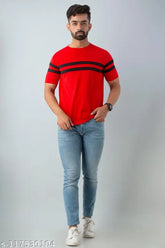 Red striped cotton short sleeved t-shirt for men, India origin
