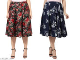 Black and navy blue floral print mid-calf length IBPanel polyester skirt combo with a crepe texture, featuring a flared design. Available sizes: 26 (hip size 36in), 28 (hip size 38in), 30 (hip size 40in), 32 (hip size 42in), 34 (hip size 44in). Origin: India