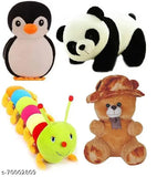 Black penguin, Panda, caterpillar & brown cap teddy soft toy (30 cm long), cuddly for kids playtime