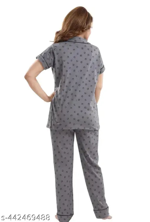Grey cotton printed night suit with short sleeves and pyjama bottoms