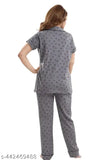 Grey cotton printed night suit with short sleeves and pyjama bottoms