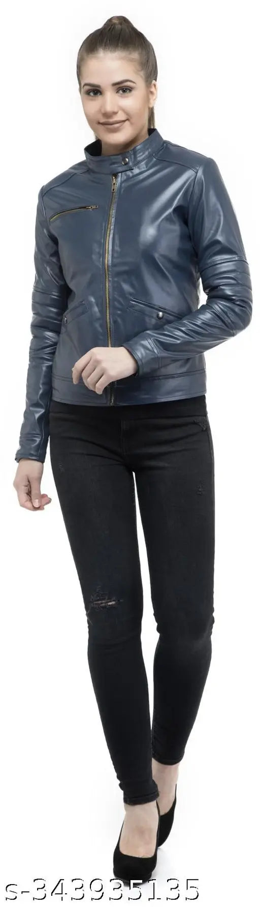Leather-look full sleeve women's jacket, stylish 'Wolver' design with multiple zips, Pufaux material, S-XXXL sizes available