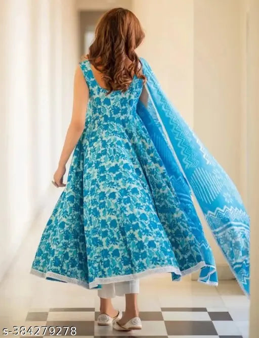 Rayon Anarkali sleeveless kurta & dupatta set, vibrant print for festive party wear, Indian origin